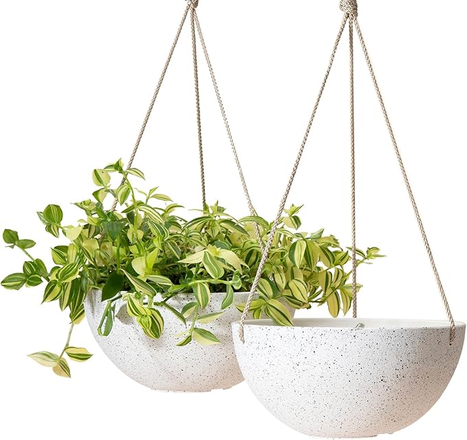 LA Jolie Muse Hanging Planters for Indoor Plants - Flower Pots Outdoor 9.84 inch Garden Planters and Pots,Speckled White Set of 2
