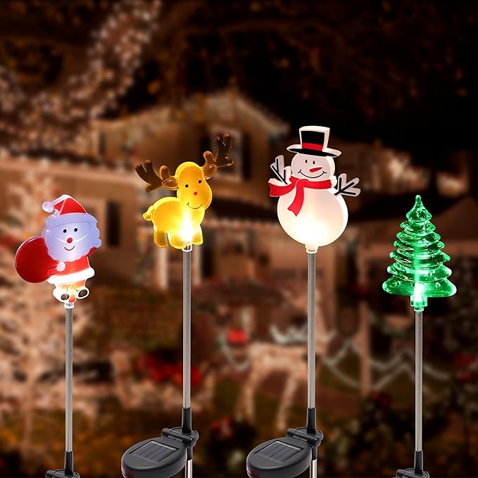 Glintoper 4 Pack Solar Christmas Figurine Lights, Outdoor Lighted Decorative Santa Claus, Snowman, Xmas Tree & Reindeer with Garden Stakes, Warm White LED Lighting Yard Stake for Path Lawn Patio Decor