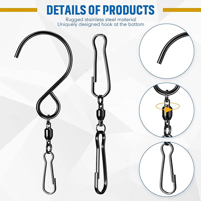Jetec Wind Spinner Swivel Hooks 360 Degree Dual Spinning Windsock Chime Supplies Hanger Swivels Clip Hanging Hooks with Storage Box for Wind Spinners Supply, 2 Styles (Black,20 Pieces)