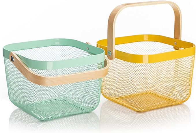 Metal Mesh Steel Basket, Storage Organizer Basket Multi-functional Hanging Kitchen Baskets Fruit Baskets with Wooden Handle for Kitchen Bathroom Picnic Shopping Decor Cabinet Home, Yellow