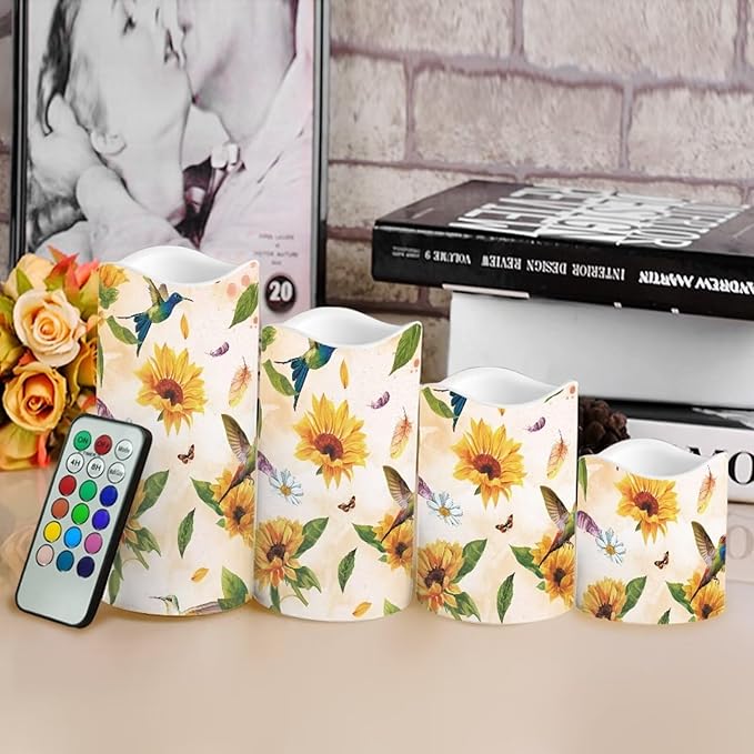Ystardream Sunflower Hummingbird Flameless Candles with Timer Led Candles Flickering 4 Candle Sets for Home Decor,18 Key Remote Control,Dancing Flame, True Wax, Battery Powered.