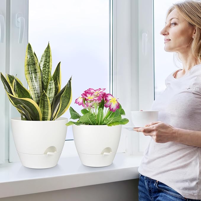 Plant Pots 12/10/9 Inch Self Watering Pots, Set of 3 Plastic Planters with Drainage Holes and Saucers,Plastic Flower Pots,Nursery Planting Pot for Indoor Out Door Plants(Pure White)