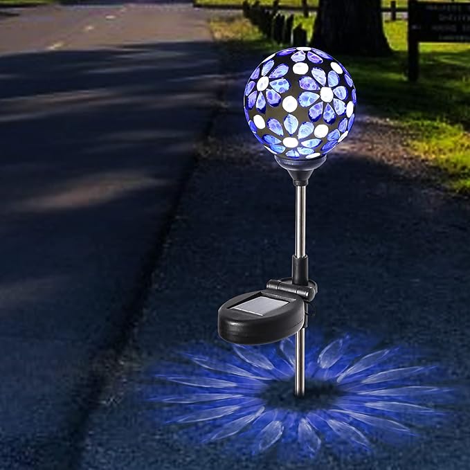 WNP Solar Garden Decorative Stakes Blue Outdoor Waterproof Mosaic Solar Powered Flower Petal Ball Light Colorful Glow for Yard Pathway Great Gift for Mom and Girls