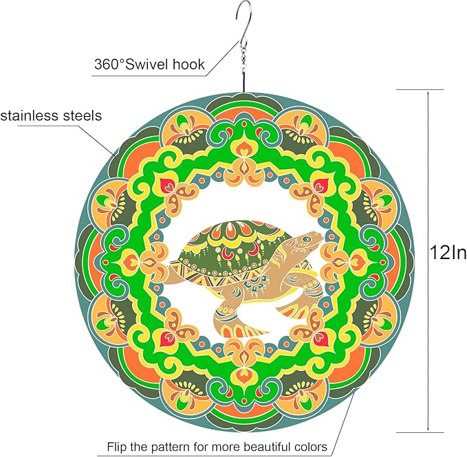 Sea Turtle Wind Spinner Colorful 12 inch 3D Stainless Steel Laser Cut Metal Double Sided Printing-Hanging Indoor/Outdoor Decorations Yard Gardening Decor,Metal Kinetic Art Ornament Gifts