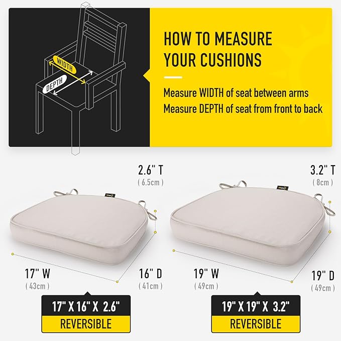 SUNROX Gel Memory Foam Chair Cushions, FadeShield Water-, Stain-Resistant Durable Reversible Seat Cushion Pads with Ties for Indoor/Outdoor Kitchen Dining Office 17"x16" Set of 6, Cream