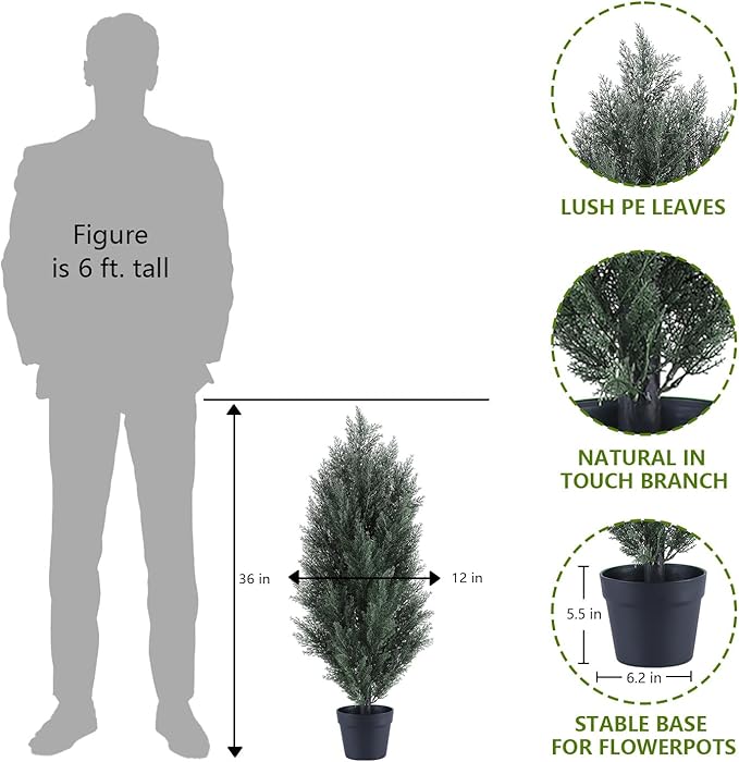 THE BLOOM TIMES 3ft Topiary Trees Artificial Outdoor 2 Pack – UV Resistant Faux Cedar Pine Cypress Bushes and Shrubs, Fake Potted Plants for Front Porch Outside Planter Patio Decor, Set of 2 (3 Foot)