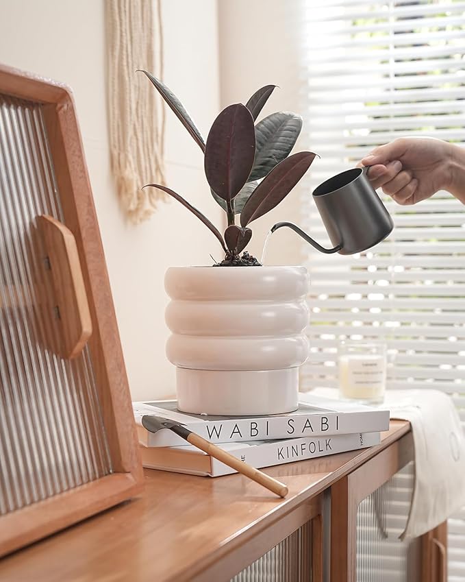 Bubble Ceramic Plant Pots with Drainage Holes and Saucers,6 inch Medium Flower Pots Modern Decor Planter for Indoor Plants(White)