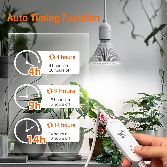 Hanging Grow Lights for Indoor Plants, 25W Full Spectrum, White Plant Light Bulb with Timer, 16.4FT Power Cord, 5000K, Pendant or Ceiling Installation, Perfect for Tall Plants, and Plant Shelf