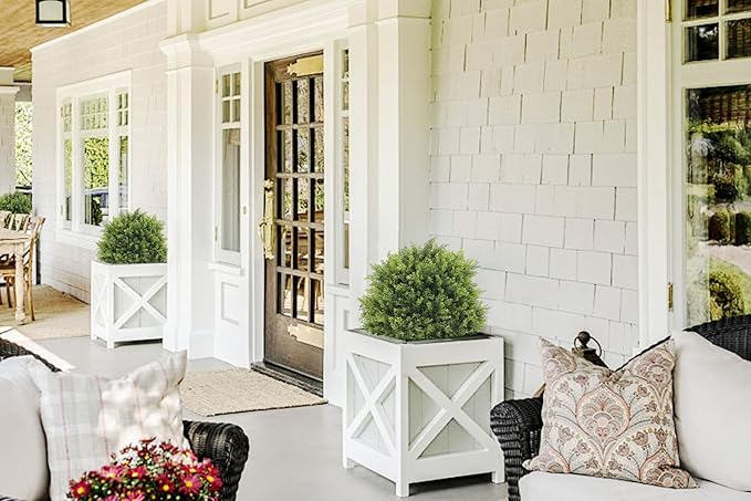 THE BLOOM TIMES 2ft Artificial Topiary Ball Trees Outdoor Set of 2, 24" Tall Faux Cedar Plants Outside UV Resistant Greenery Fake Evergreen Potted Bushes and Shrubs for Front Porch Patio Planter Decor