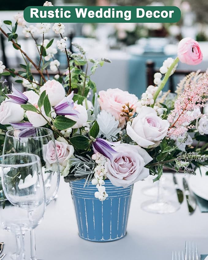 vensovo 6 Inch Steel Blue Metal Rustic Flower Pots - 6Pcs Galvanized Planters with Drainage Hole and Rubber Plug, Rustproof Metal Bucket Plant Pots Farmhouse Vintage Style for Decor