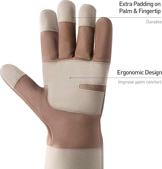 HANDLANDY Long Gardening Gloves for Men & Women, Thorn Proof Rose Pruning Gloves Leather Gauntlets Garden Gloves Yard Work Gloves (Large, Brown)