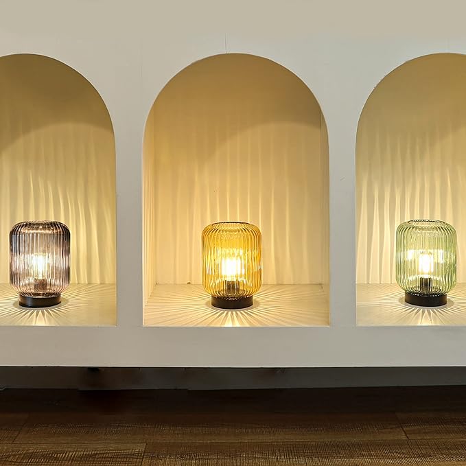 Battery Operated Lamp, Cordless Table Lamps for Home Decor, Battery Powered Nightlight with LED Bulb, Decorative Glass Beside Lamp for Bedroom Living Room-Gold