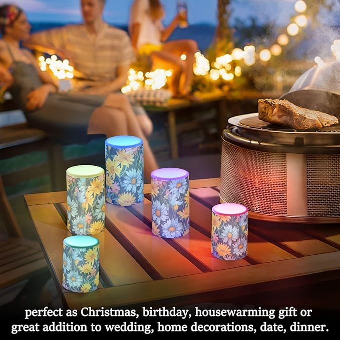 Flickering Flameless Candles, Daisy Flowers Botanical LED Candles with Remote Timer, Set of 2 Battery Operated Candle for Valentine Wedding Birthday