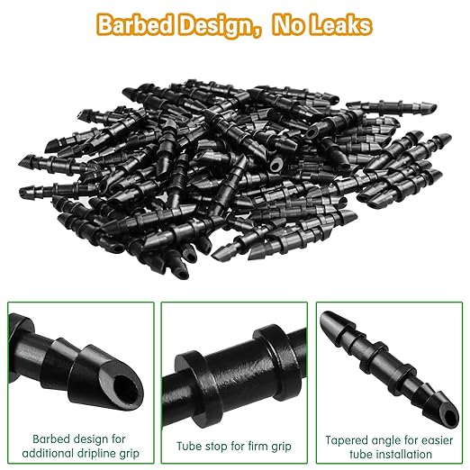1/4 Inch Drip Irrigation Fittings Kit:200 Pieces Drip Irrigation Parts with Sharp End for 1/4" Drip Tubing Barbed Connectors for Home Garden 85 Couplings 60 Tees 20 Elbows 25 Plugs 10 Crosses