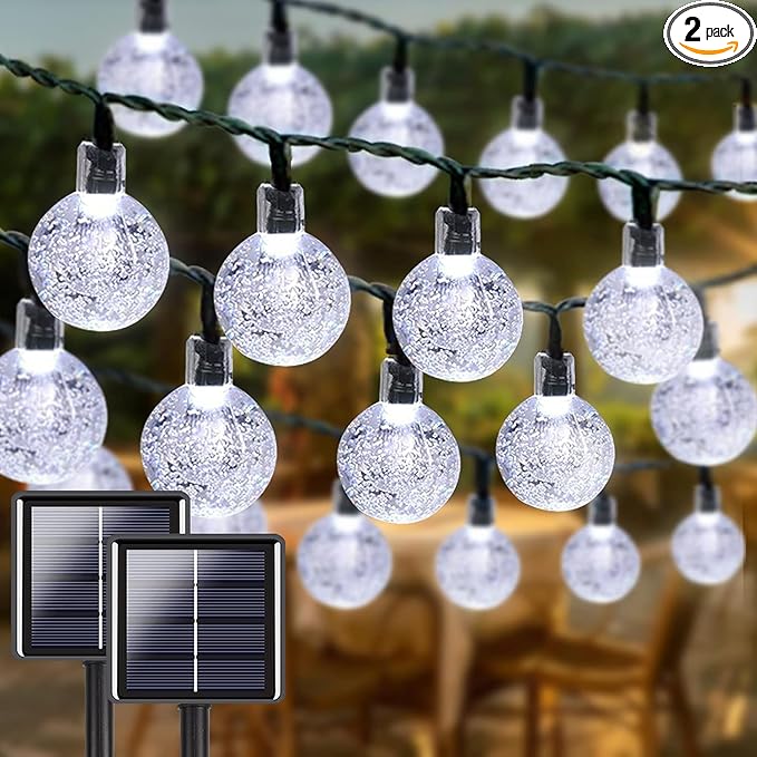 LORRYTE White 2-Pack 100 LED 64FT Crystal Globe Solar Lights Outdoor, Waterproof Solar String Lights Outdoor Decorative with 8 Lighting Modes for Easter Christmas Decor Garden Wedding Party Tree
