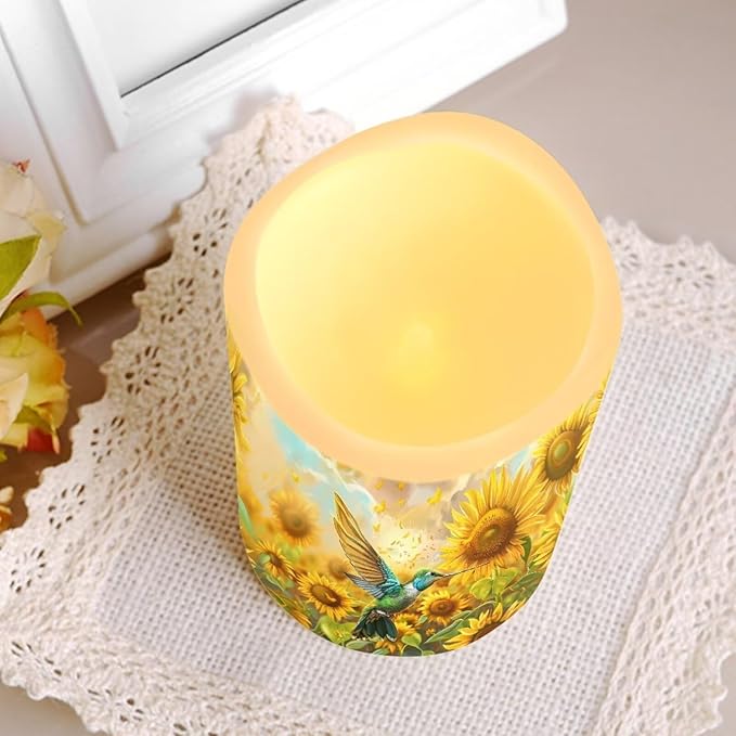 Ystardream Operated Candles with Flickering Flame Flameless Taper Candles Flickering Operated Electric Pillar Candle LED Candle for Indoor Outdoor Home Decor Hummingbird Sunflower