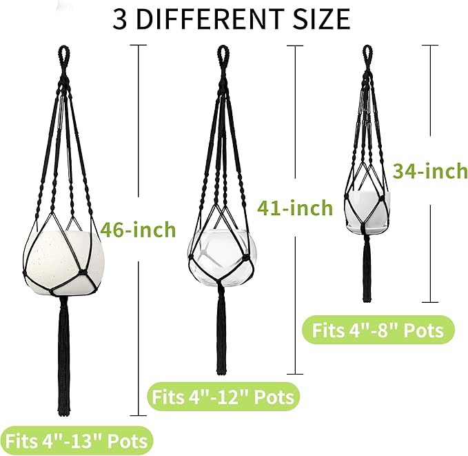 Macrame Plant Hanger, 34"/41"/46" 3 Sizes, Hanging Planters for Indoor Outdoor Plants, Flower Pot Holder with Wood Beads & Tassels for Boho Home Decor, 3 Pack, Black