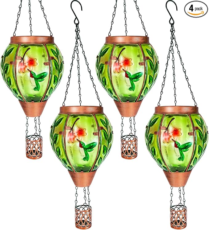 4 Pack Solar Hot Air Balloon Lantern with Flame,Hummingbird Outdoor Solar Lanterns for Outside Garden Yard Farmhouse Patio Pathway Decoration, Hummingbird Gifts for Women Grandma Mom - Hummingbird