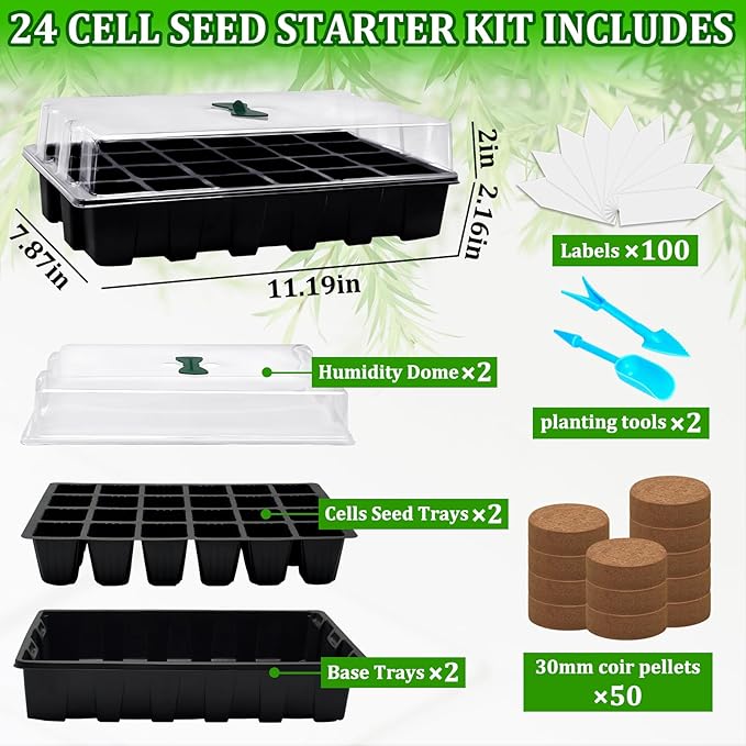 Halatool Seed Starter Kit, 2 Pack Seed Starter Trays with 50 Pcs Coco pellets and 2 Garden Tools & 100 Plant Labels, Greenhouse Indoor Seed Germination System for Herbs, Vegetables and Flowers (Black)