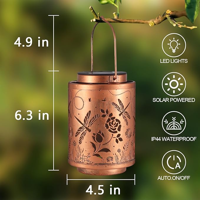 2 Pack Solar Lanterns Garden Decor Birthday Gifts for Women Mon Grandma Metal Hanging Solar Lights Waterproof Outdoor Decoration for Outside LED Lanterns for Yard Patio Lawn(Dragonfly)