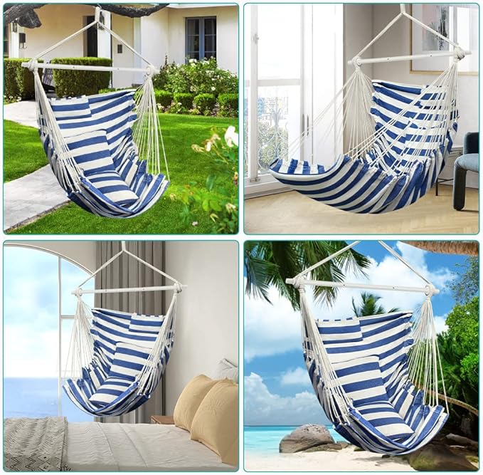 Hammock Chair, Hanging Chair with 3 Cushions and Foot Rest Support, Sturdy Metal Spreader Bar Max 440 Lbs, Swing Chair for Bedroom, Indoor & Outdoor, Patio, Porch or Tree(Blue and White)