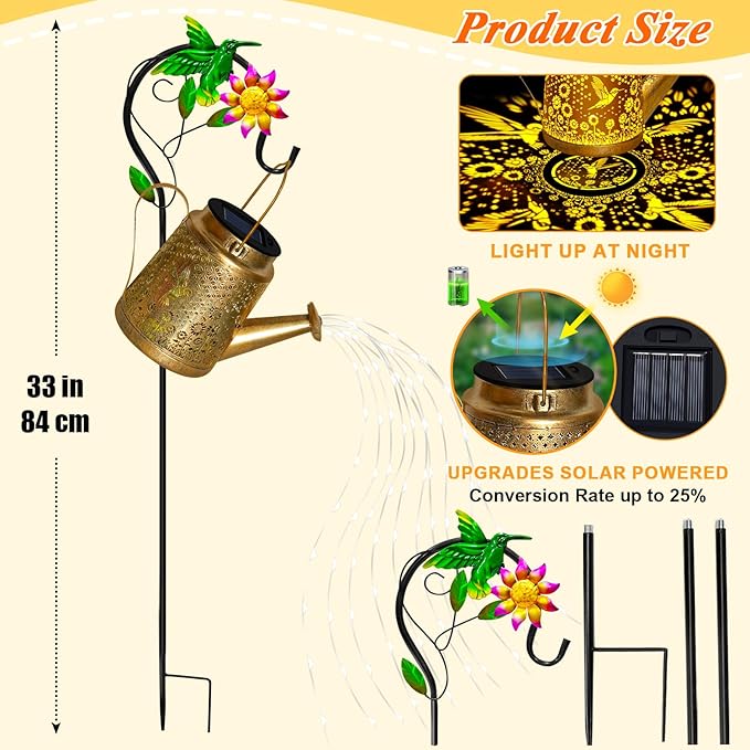 Hummingbird Solar Watering Can Lights, Outdoor Waterproof Garden Lanterns with Shepherd Hook, Solar Garden Decor for Yard Outdoor Landscape Pathway Porch Patio, Gift for Women Mom Grandma