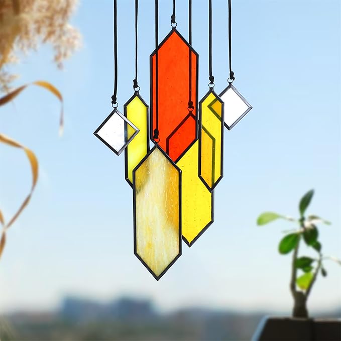 HDCRYSTALGIFTS 7pieces Stained Glass Window Hanging Suncatchers Handcrafted Modern Sunset Glow Design Stained Glass Wall Art Sun Catcher for Home Garden Decoration Reconfigurable