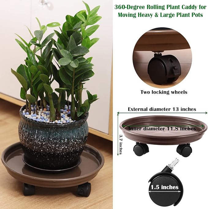 4 Packs Plant Caddy with Wheels 11.8" Plastic Rolling Plant Stands Heavy-Duty Plant Dolly with Casters Indoor Outdoor Plant Roller Base Plant Saucers on Wheels Plant Mover Coaster, Brown
