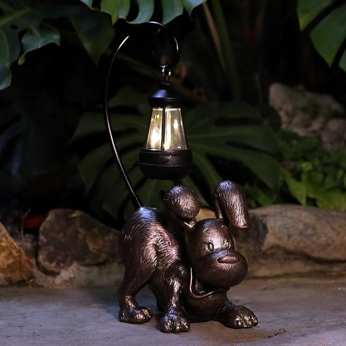 Laughing Dog Figurine with Solar-Powered LED Light 15.9 Inches Tall Antique Bronze, Perfect for Gift Garden Decor or Housewarming for Dog Lovers