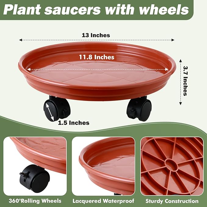 8 Packs Plant Caddy with Wheels 11.8" Plastic Rolling Plant Stands Heavy-Duty Plant Dolly with Casters Indoor and Outdoor Plant Roller Base Large Heavy Plant Pot Saucers with Wheels, Rust Red