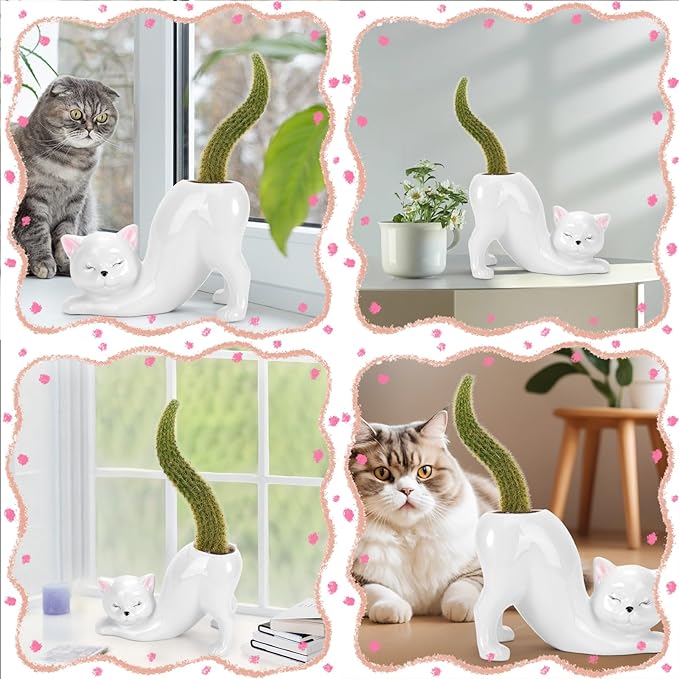 TOIVO Unique Cat Planter Pot,Indoor and Outdoor Plant Displays,Funny Ceramics Cat Flower Pot,Cat Gifts for Cat Lovers,Lovely Office Desk Room Home Decor (White, Small)