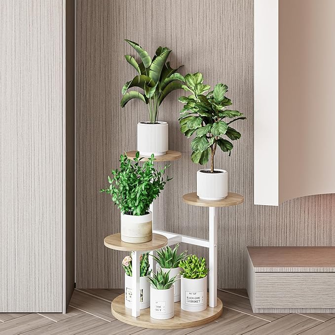 Plant Stand Indoor 4 Tier 5 Potted Multiple Flower Pot Holder for Patio Garden Balcony Living Room Corner (4 Tier White+Sonoma Oa)