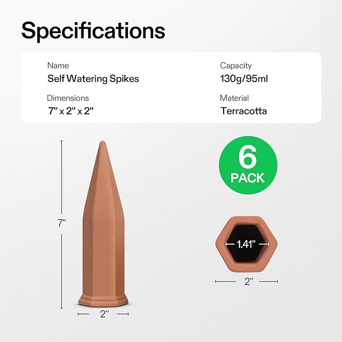 VIVOSUN 6-Pack Self-Watering Spikes, Hexagonal Terracotta Watering Stakes, Auto-Water Device, Planter Insert for Indoor & Outdoor Potted Plants