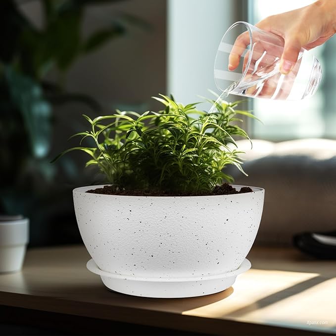 10 inch Plant Pots Pack of 2, Plastic Planter with Drainage Holes and Saucers, Plant pots for Indoor Outdoor Use, Flower Pots for All House Plants (Speckled White)