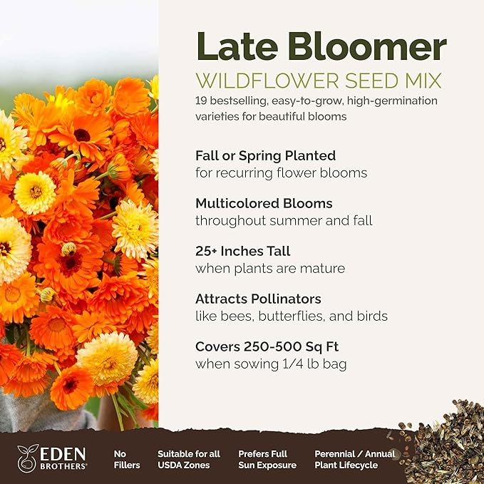 Eden Brothers Late Bloomer Wildflower Mixed Seeds for Planting, 1/4 lb, 120,000+ Seeds with White Yarrow, Snapdragon | Attracts Pollinators, Plant in Spring or Fall, Zones 3, 4, 5, 6, 7, 8, 9, 10