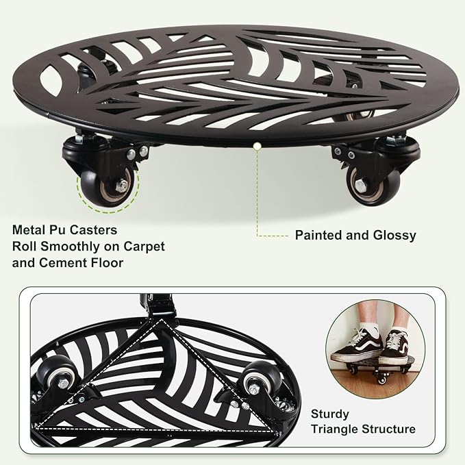 1 Pack 16 inches Extra-large Metal Plant Caddy with Wheels Heavy-duty Iron Rolling Plant Stand with Casters Indoor Outdoor Wheeled Plant Roller Base Pot Movers Plant Dolly Coaster Trolley Black