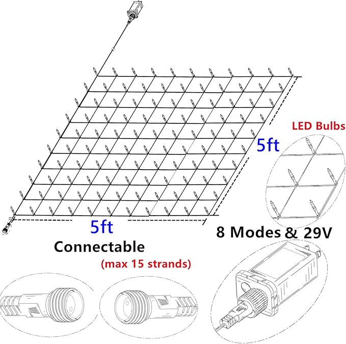 LED Christmas Net Lights for Bushes Outdoor,100 LED 5ftx5ft Waterproof 8 Modes Connectable Mesh Lights for Bushes,Garden,Yard,Trunk,Outdoor Christmas Decorations