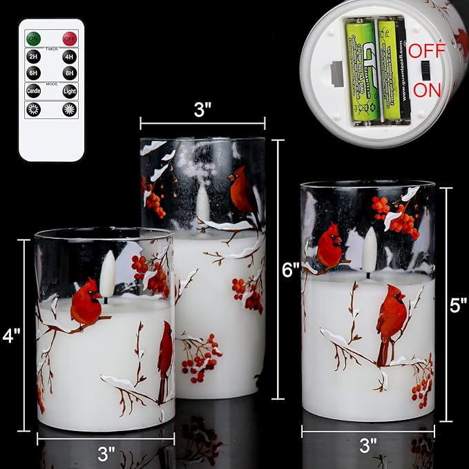 Red Bird Glass Battery Operated LED Flameless Candles with Remote Timer, Real Wax LED Candles Warm Color Flickering Light for Festival Wedding Home Party Decor(Pack of 3, 3”x4”5”6”)