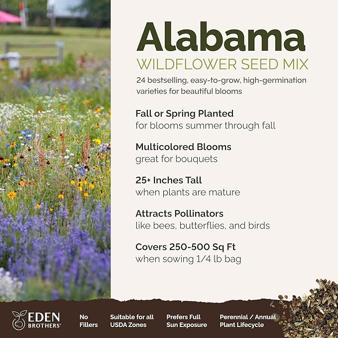 Eden Brothers Alabama Wildflower Mixed Seeds for Planting, 1/4 lb, 120,000+ Seeds with Cornflower, Cosmos, Blanket Flower | Attracts Pollinators, Plant in Spring or Fall, Zones