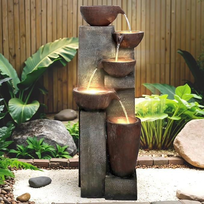 Naturefalls 39.7in.Modern Outdoor Fountain -5-Tier Resin Water Feature, Indoor Outdoor Garden Waterfall Fountain with Contemporary Design&LED Lights for Patio, Yard, Deck, House, Office, Home Decor