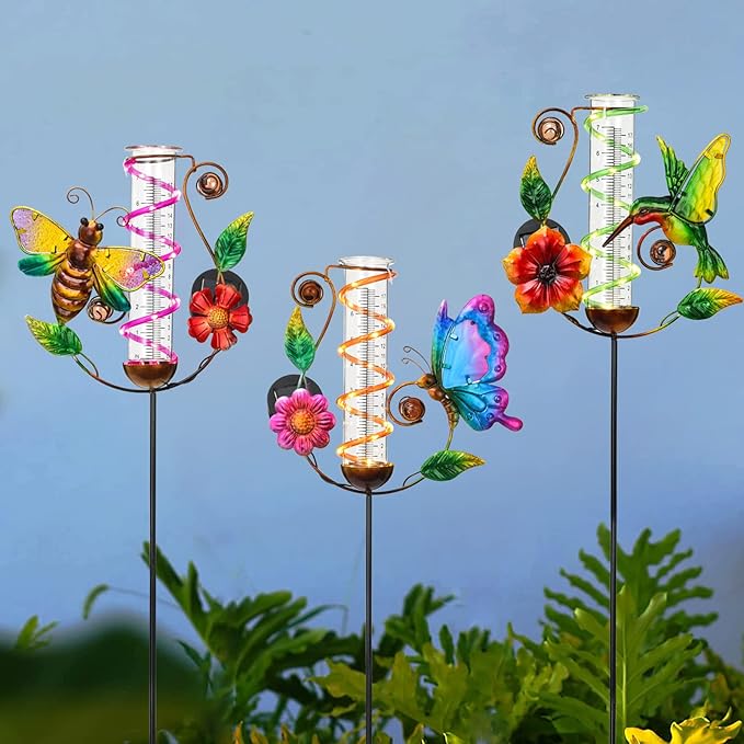 BAYN 36.3” Rain Gauge Outdoor Solar Powered 10 LEDs 7” Tube Garden Butterfly Metal Decorative Stake with Waterproof Large Glass Tube Rain Guage for Yard, Garden, Patio, Lawn