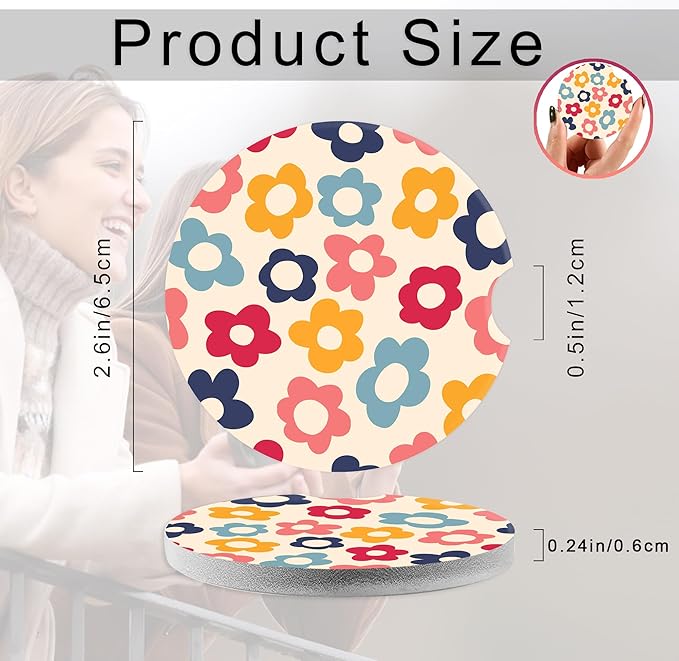 Vintage Groovy Rainbow Flowers Pink Car Coasters,Ceramic Absorbent Cup Holders with Finger Notch & Cork Base Car Assecories for Women/Men 2.6"(2 Pieces)