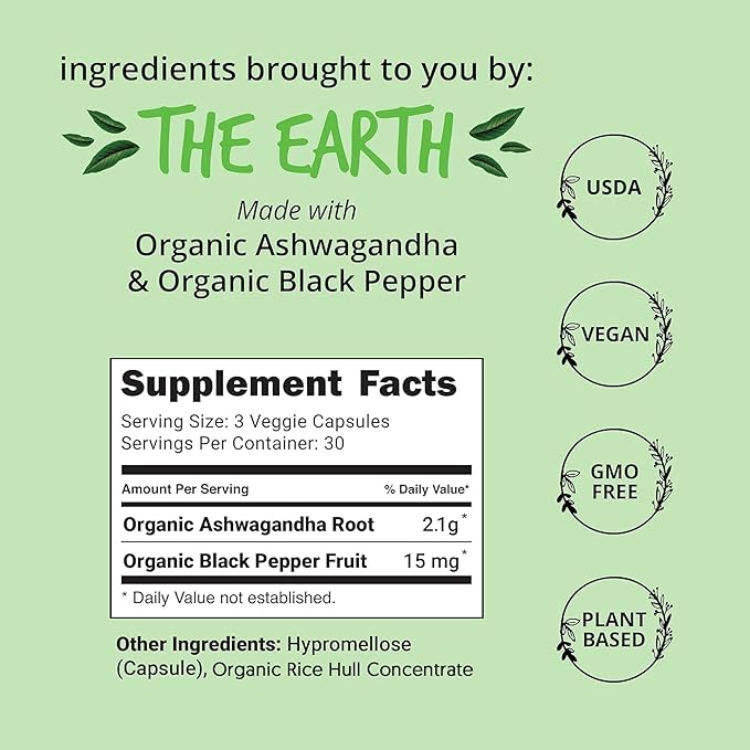 Organic Ashwagandha Capsules 2100mg – Stress 100% Herbal, 90 Ct