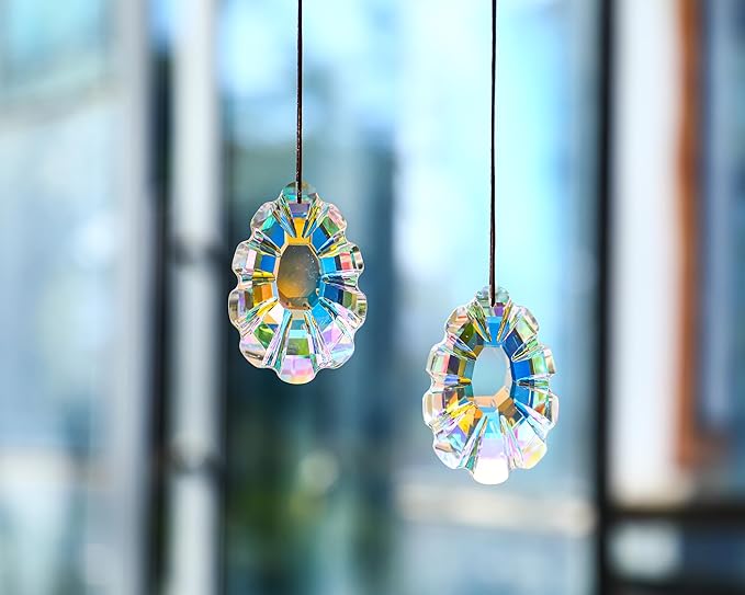 HDCRYSTALGIFTS Set 2 Crystal Sun Catchers for Window Protect Bird Strike, AB Colored 76mm Hanging Ornaments for Windows Rainbow Prism Suncatchers Garden Home Decor