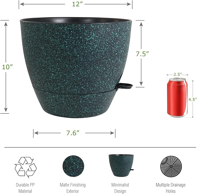 12 inch Large Self Watering Pots, Plastic Planters with 60oZ Removable Deep Reservoir and Multi Mesh Drainage Holes for Indoor Outdoor Garden Plants and Flowers, Black with Green Speckles