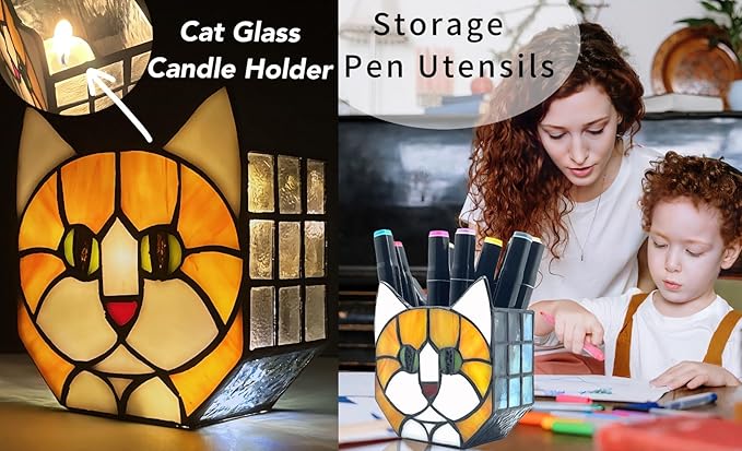 Tiffany Style Orange Cat Stained Glass Flower Pots,Indoor Plant Display, Orange Cat Small Pots for Plants, Gift for Cat Lovers,4.6x5.15x2.3 in (Excluding Plants)