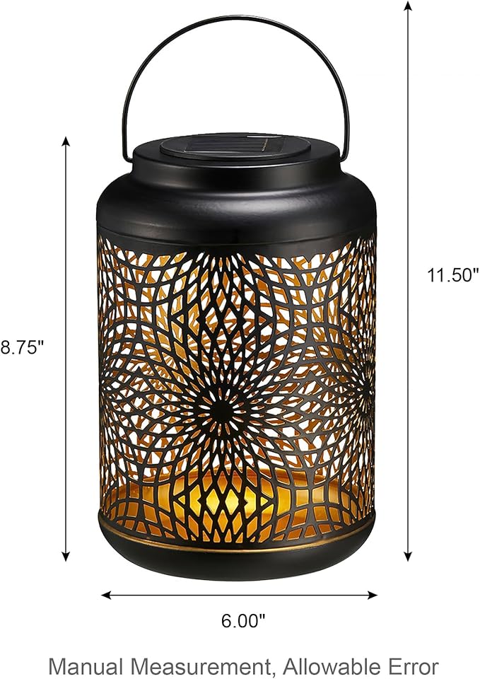 Glitzhome Solar Lantern Black Metal Cutout Scrollwork Outdoor Hanging Solar Light with Handle for Garden Patio Yard Outdoor Decor