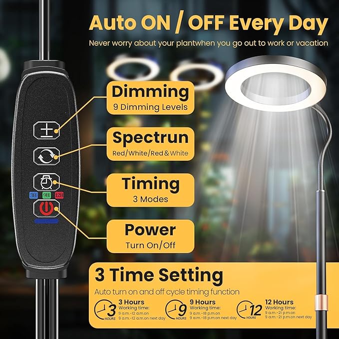 bseah Grow Light, Plant Light for Indoor Plants 2 Pack, Full Spectrum Desk Grow Lamp with Pedestal, Automatic Timer for 3H/9H/12H, 10 Dimmable Levels, Height Adjustable