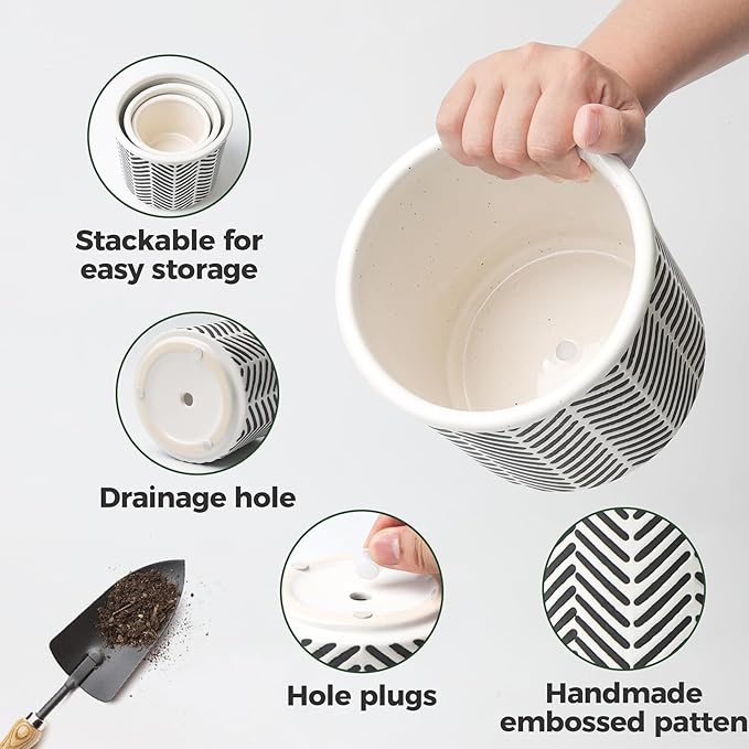 T4U Ceramic Planters for Indoor Plants, 4.2+5.4+6 Inch Plant Pots Set, Flower Pots with Drainage Holes and Plug, Ceramic Plant Pot for Indoor and Outdoor Plants, Morden Home Decor, Gifts for Mom