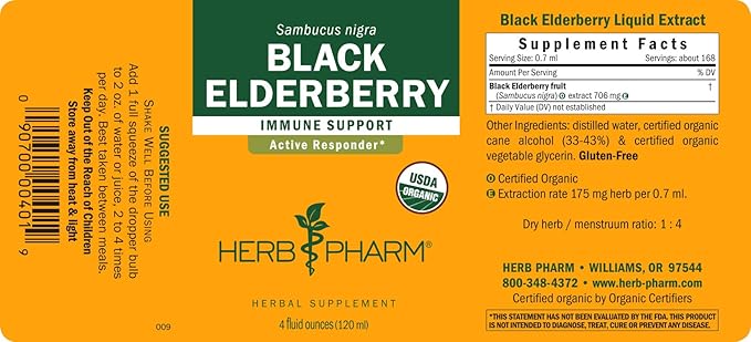 Herb Pharm Certified Organic Black Elderberry 4 Ounce